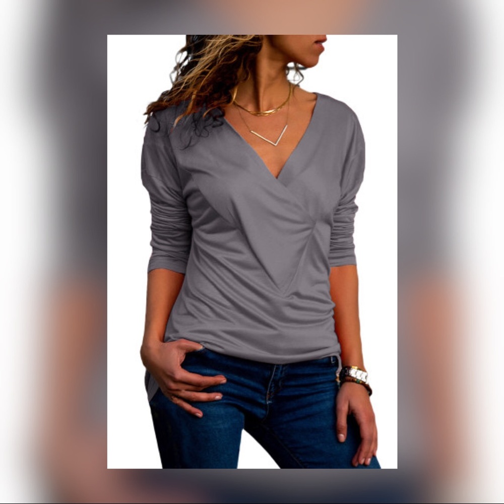 🆕 Gray Wrap V Neck Ruched Long Sleeve Top